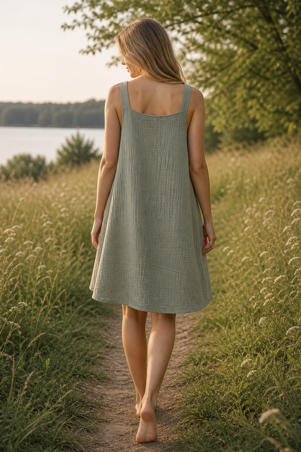Woman wearing handmade organic cotton muslin pocket dress in sage green with adjustable tie straps