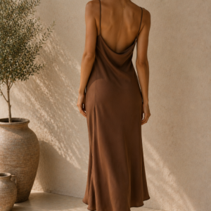 Silk Slip Midi Dress in Chocolate Brown – back view