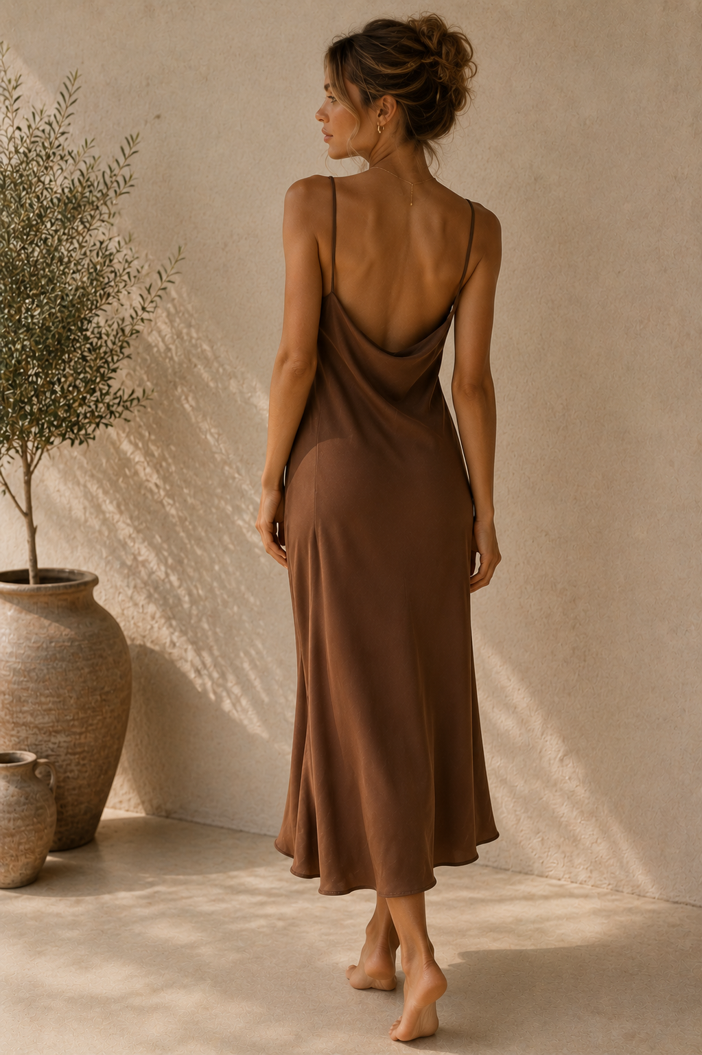 Silk Slip Midi Dress in Chocolate Brown – back view