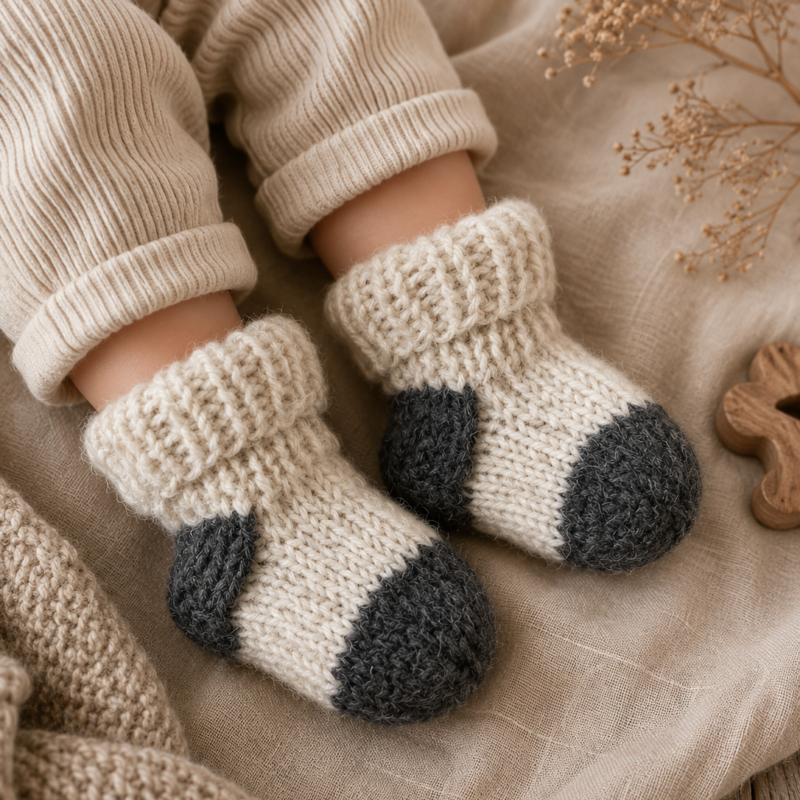 Baby Wool Knit Booties in Cream and Grey – worn view