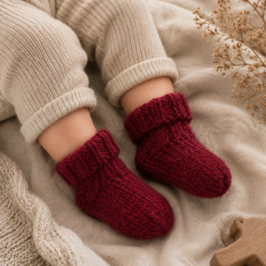 Hand Knit Baby Wool Booties in Burgundy – worn view