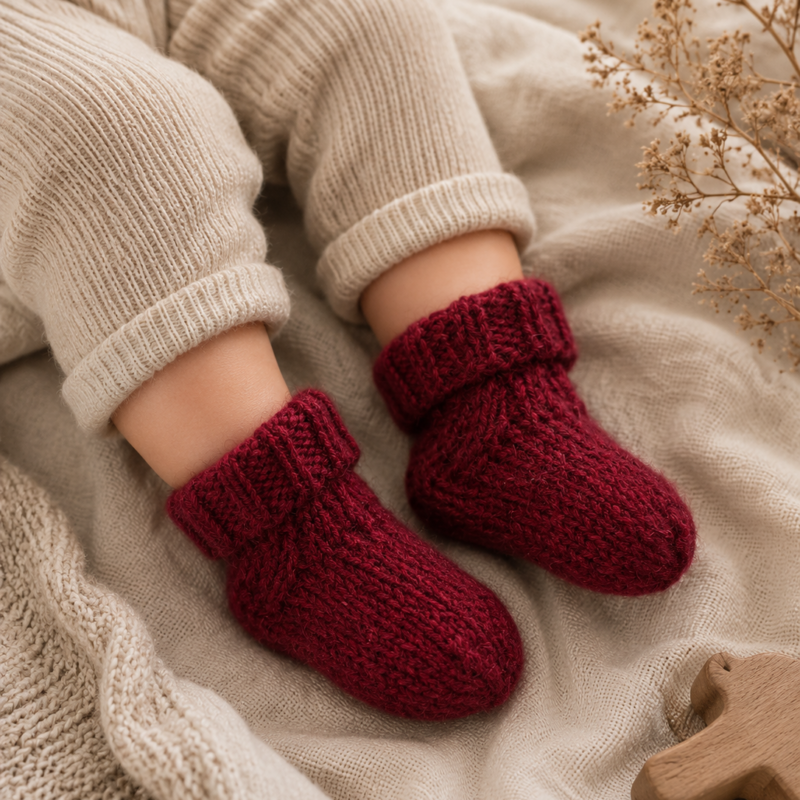 Hand Knit Baby Wool Booties in Burgundy – worn view