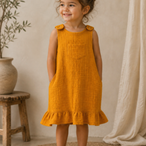 Organic Cotton Girls Dress with Ruffle Hem in Mustard Yellow – front view