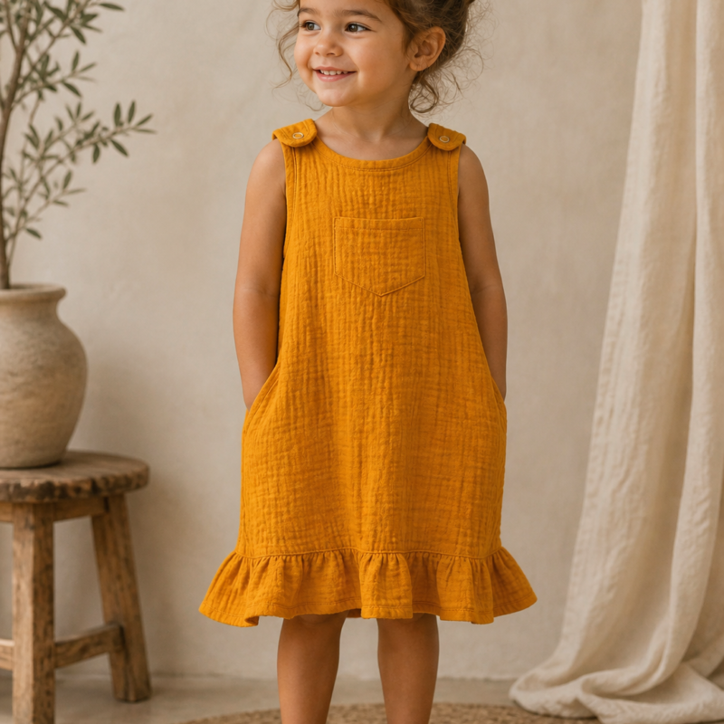 Organic Cotton Girls Dress with Ruffle Hem in Mustard Yellow – front view