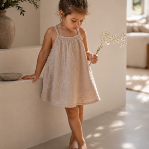 Daisy Organic Muslin Girl Dress in Beige – full length front view