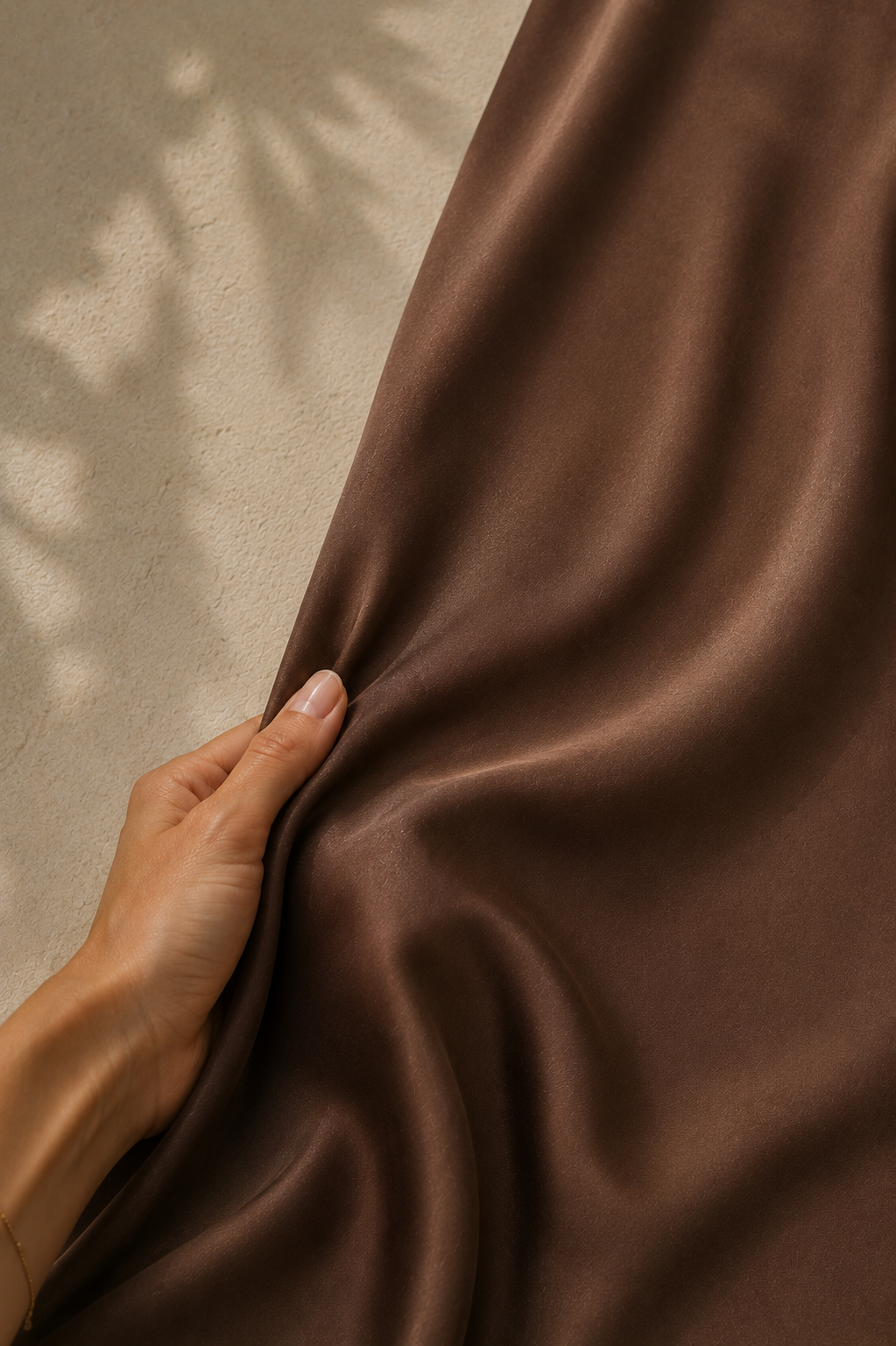 Silk Slip Midi Dress in Chocolate Brown – silk fabric detail