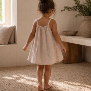 Daisy Organic Muslin Girl Dress in Beige – back view