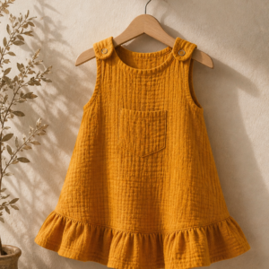 Organic Cotton Girls Dress with Ruffle Hem in Mustard Yellow – hanging display