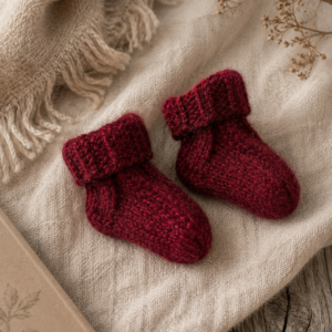 Hand Knit Baby Wool Booties in Burgundy – product view