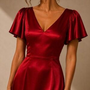 Scarlet Silk Midi Dress in Red – neckline and sleeve detail