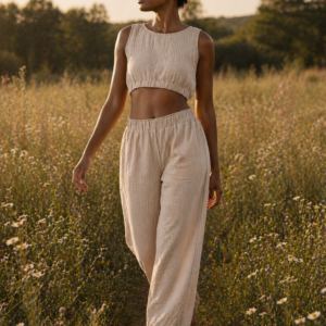 Woman wearing organic cotton muslin co-ord set in natural beige