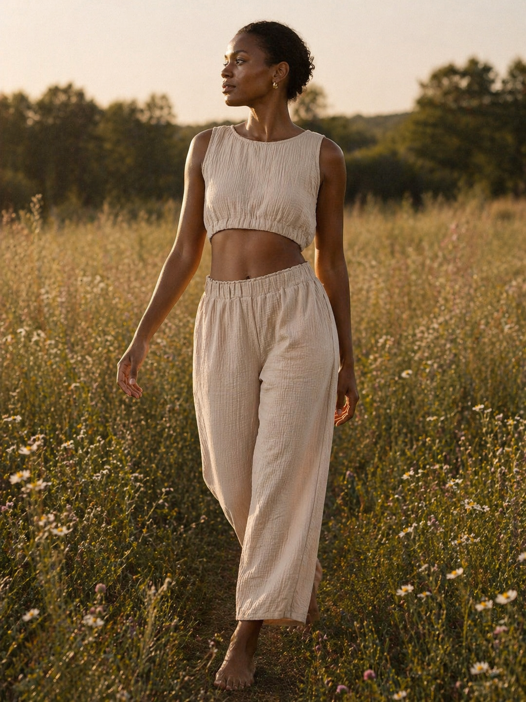 Woman wearing organic cotton muslin co-ord set in natural beige