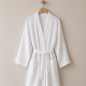 White Organic Cotton Muslin Kimono Robe Hanging on Wooden Hanger