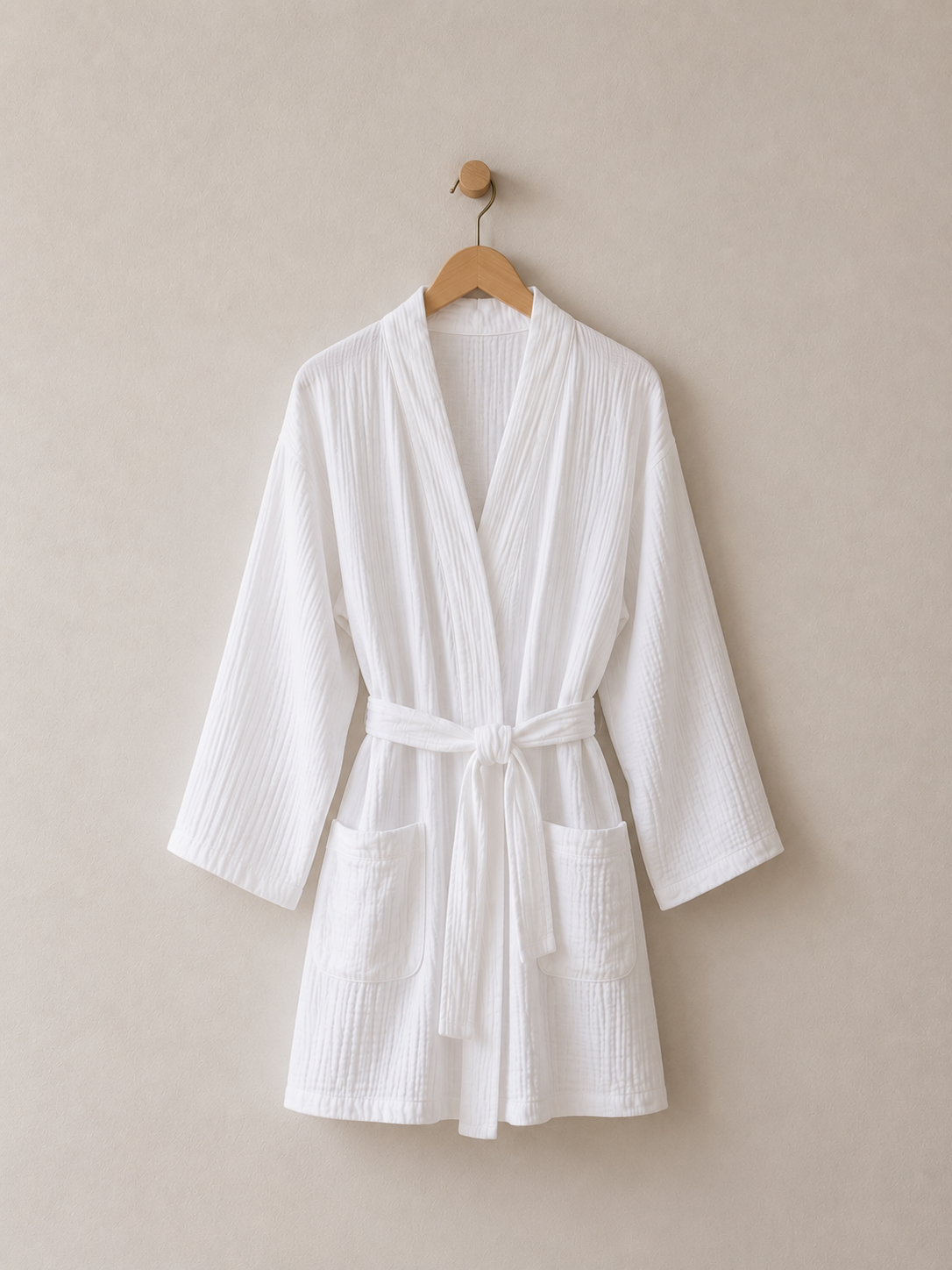 White Organic Cotton Muslin Kimono Robe Hanging on Wooden Hanger