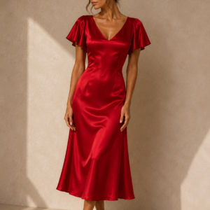 Scarlet Silk Midi Dress in Red – full length front view