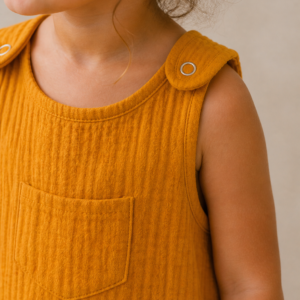 Organic Cotton Girls Dress with Ruffle Hem in Mustard Yellow – neckline detail