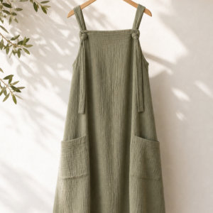 Handmade organic cotton muslin pocket dress in sage green with adjustable tie straps