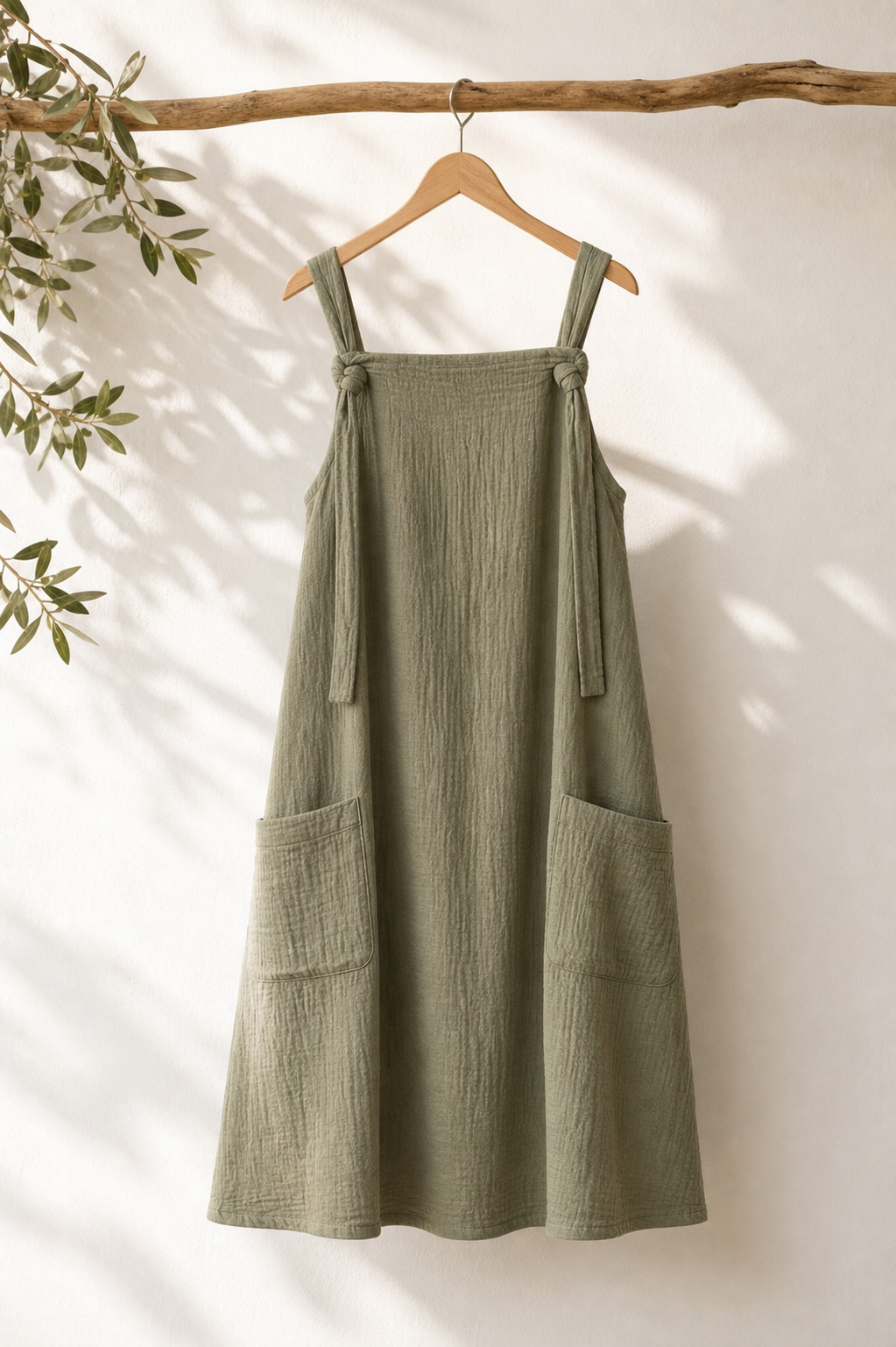 Handmade organic cotton muslin pocket dress in sage green with adjustable tie straps