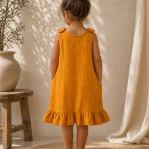 Organic Cotton Girls Dress with Ruffle Hem in Mustard Yellow – back view