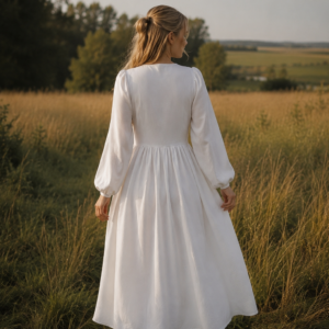 Linen Midi Dress with Long Sleeves in Ivory – back view
