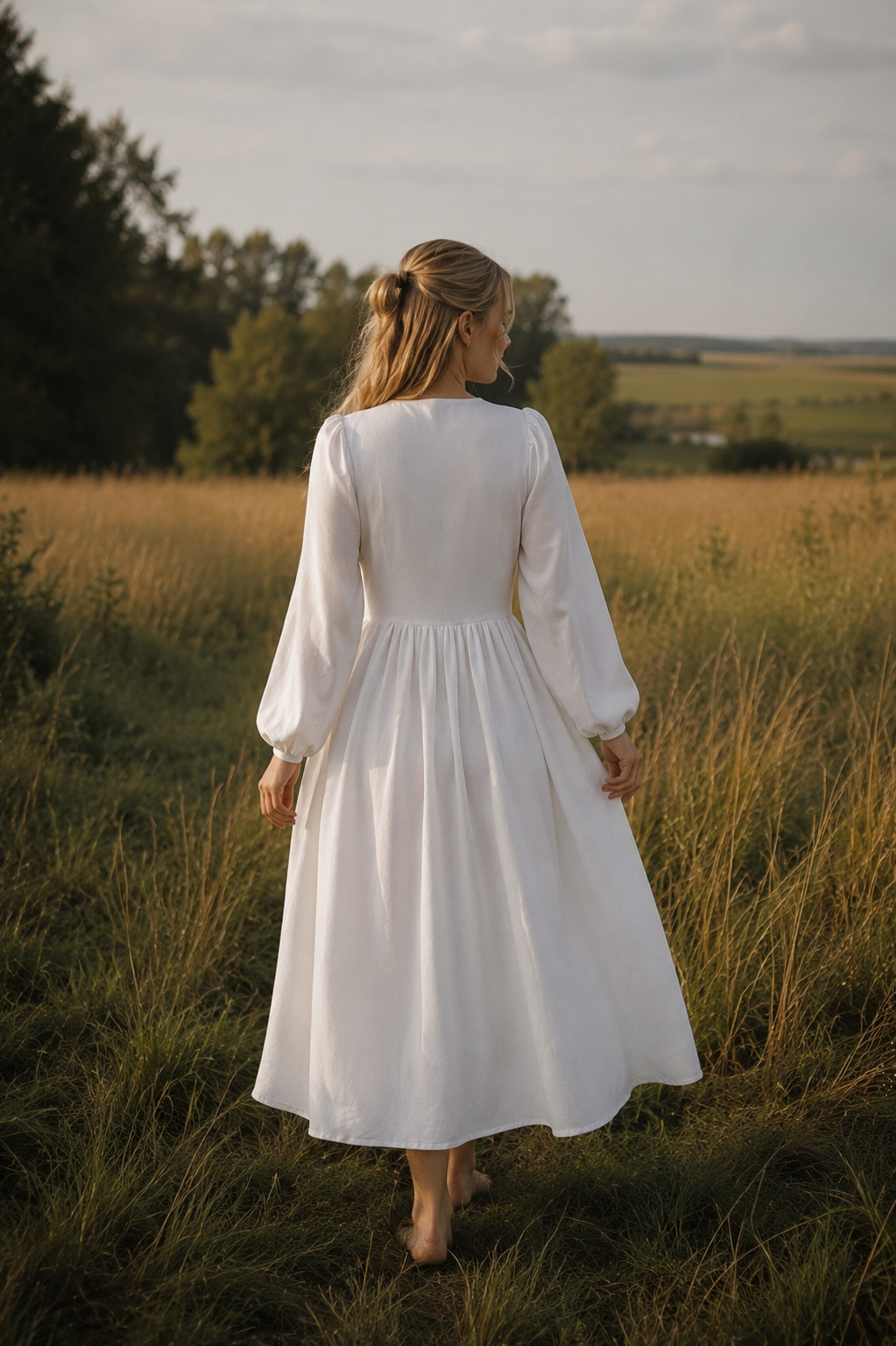 Linen Midi Dress with Long Sleeves in Ivory – back view