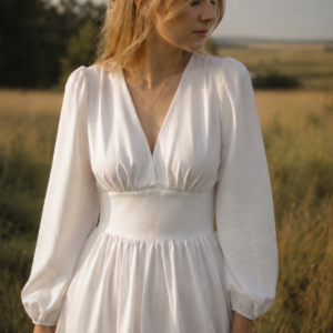 Linen Midi Dress with Long Sleeves - close up front