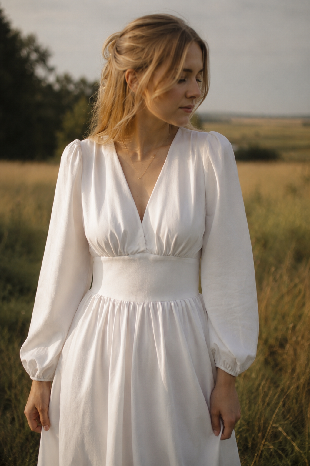 Linen Midi Dress with Long Sleeves - close up front