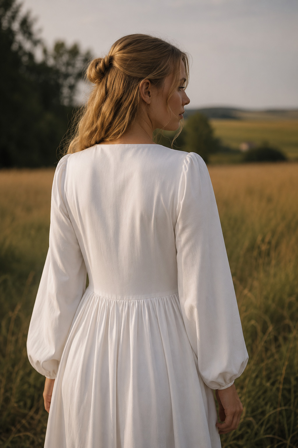Linen Midi Dress with Long Sleeves - close up back