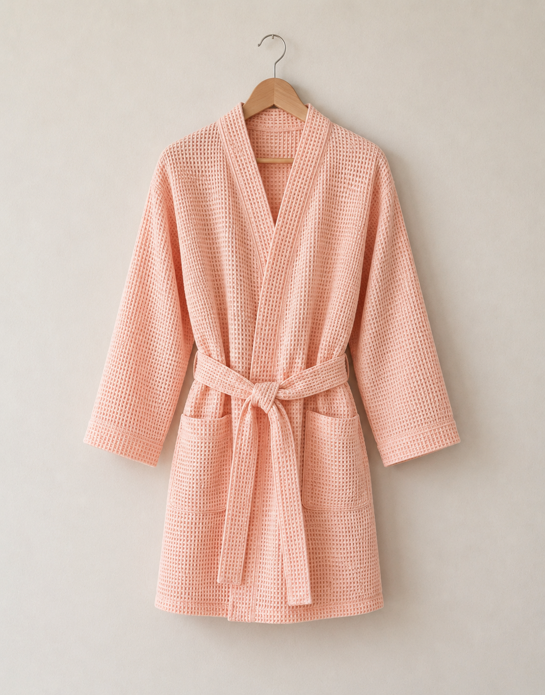 Women's waffle cotton robe with waist tie and front pockets