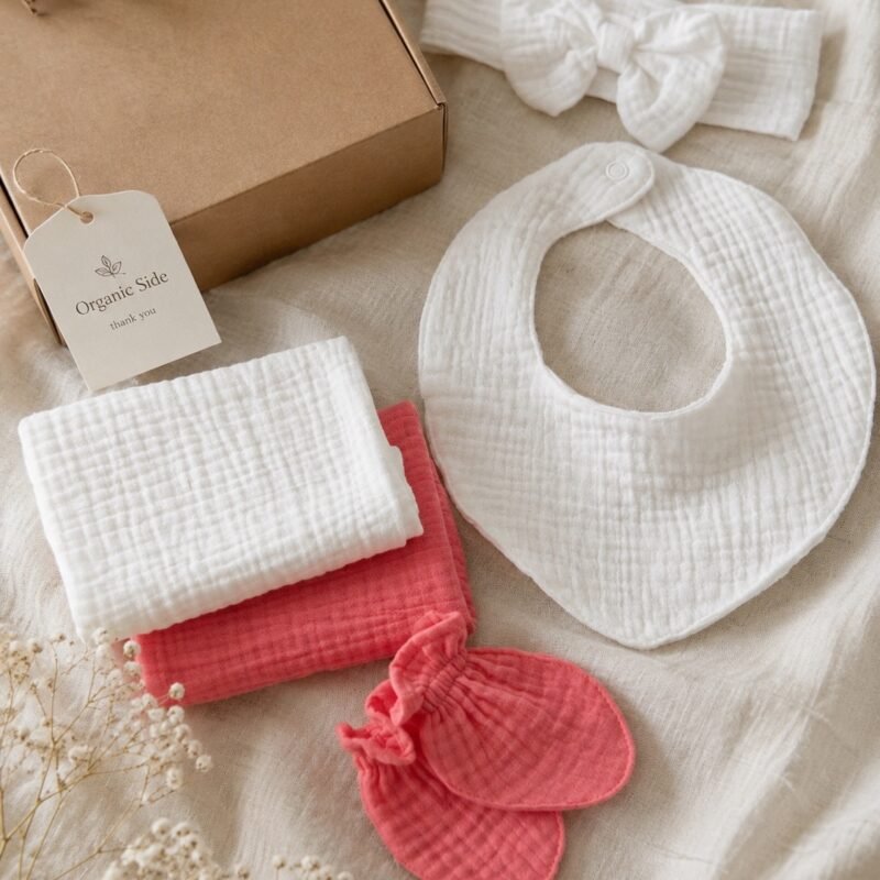 Muslin baby girl gift set with bib, bow headband, mittens and coordinating baby essentials