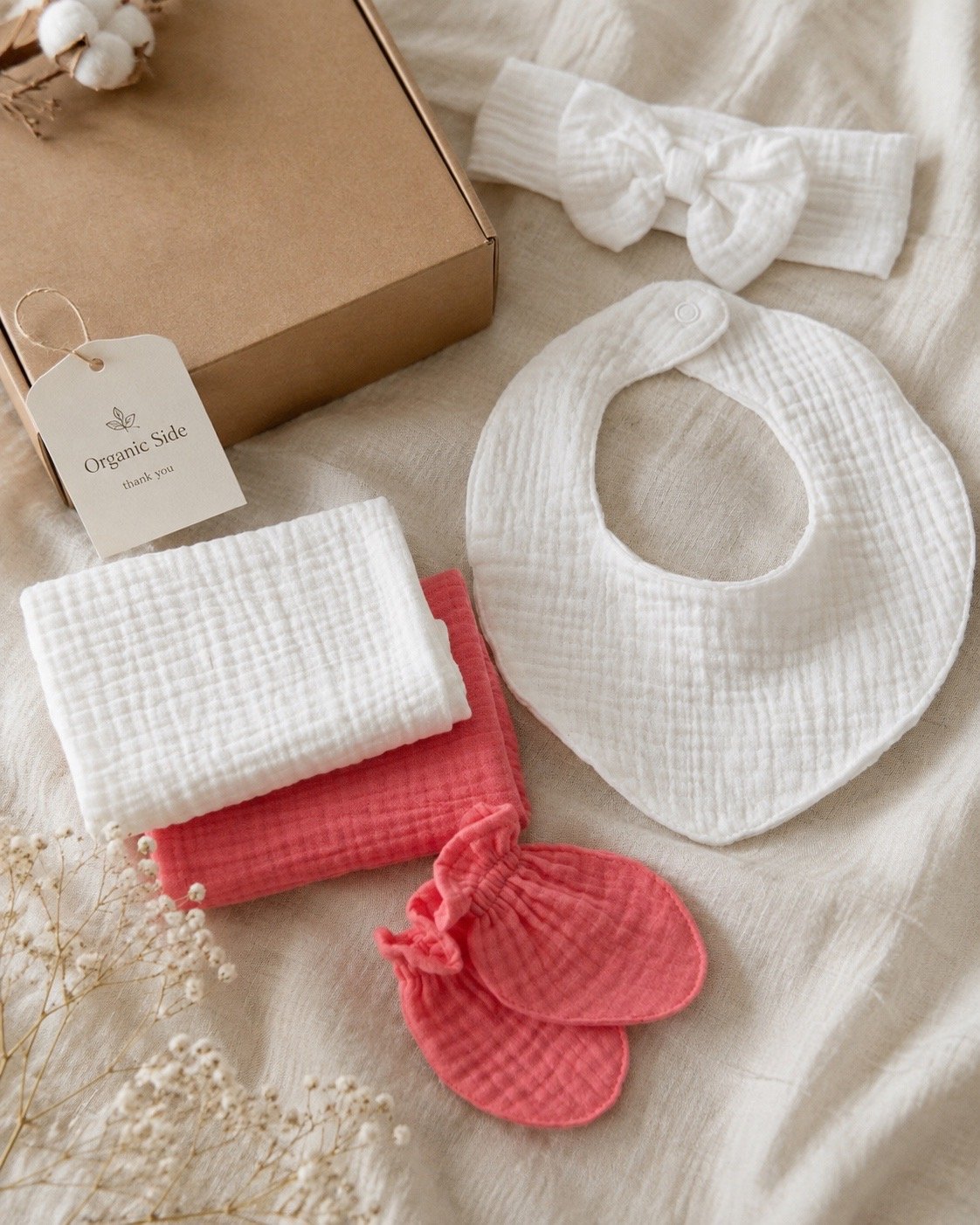 Muslin baby girl gift set with bib, bow headband, mittens and coordinating baby essentials