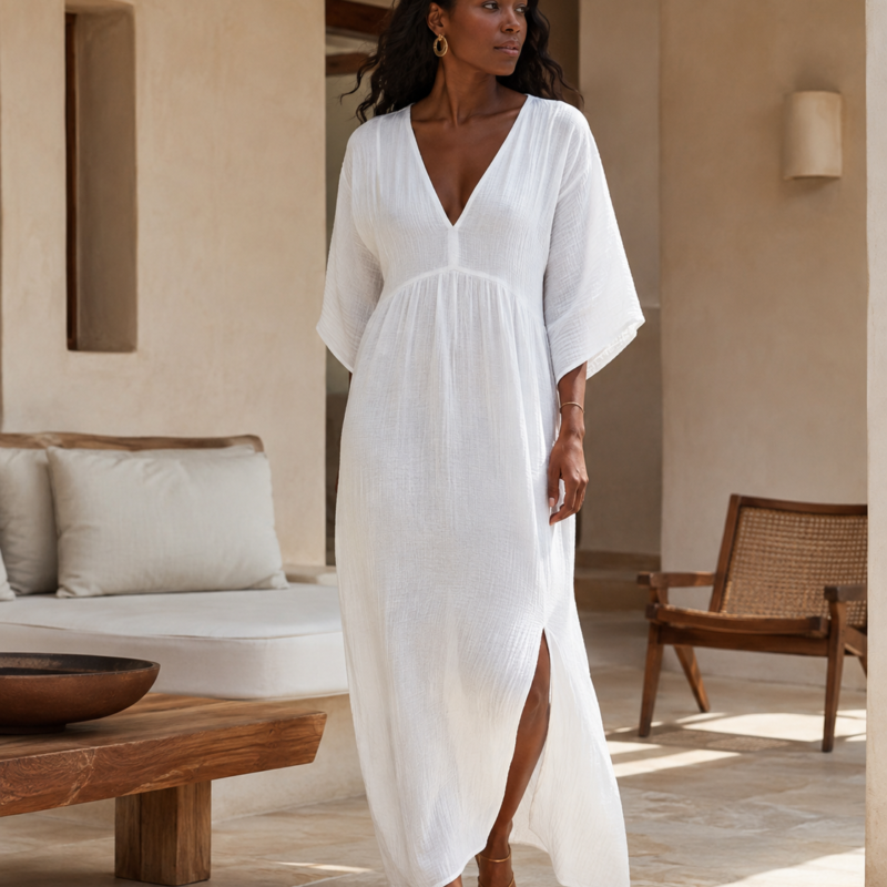 Woman wearing a flowing cotton muslin maxi dress with V-neckline, relaxed sleeves and side slit - front