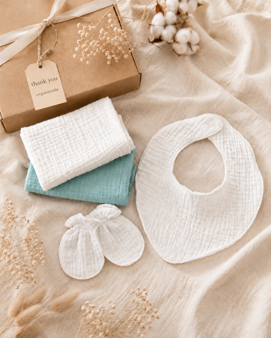 Muslin baby gift set with baby bib, mittens and coordinating soft muslin essentials