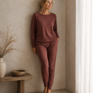 Woman wearing a burgundy merino wool lounge set with a long-sleeve top and matching trousers - front