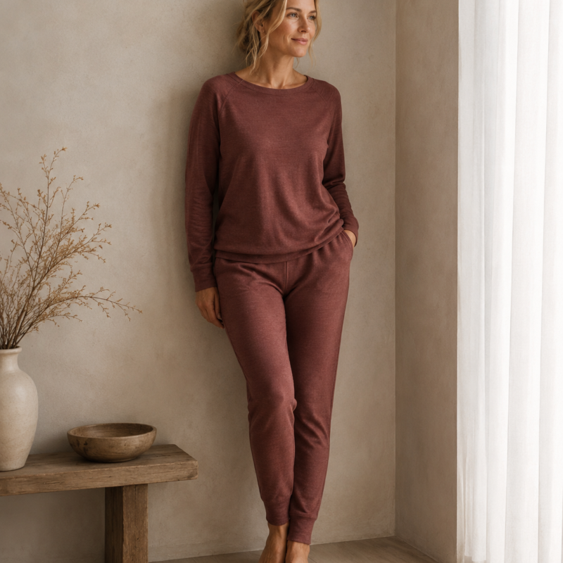 Woman wearing a burgundy merino wool lounge set with a long-sleeve top and matching trousers - front