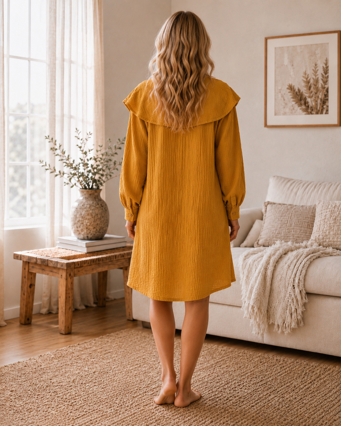 Woman wearing a mustard cotton muslin shirt dress with ruffle collar, long sleeves and button back