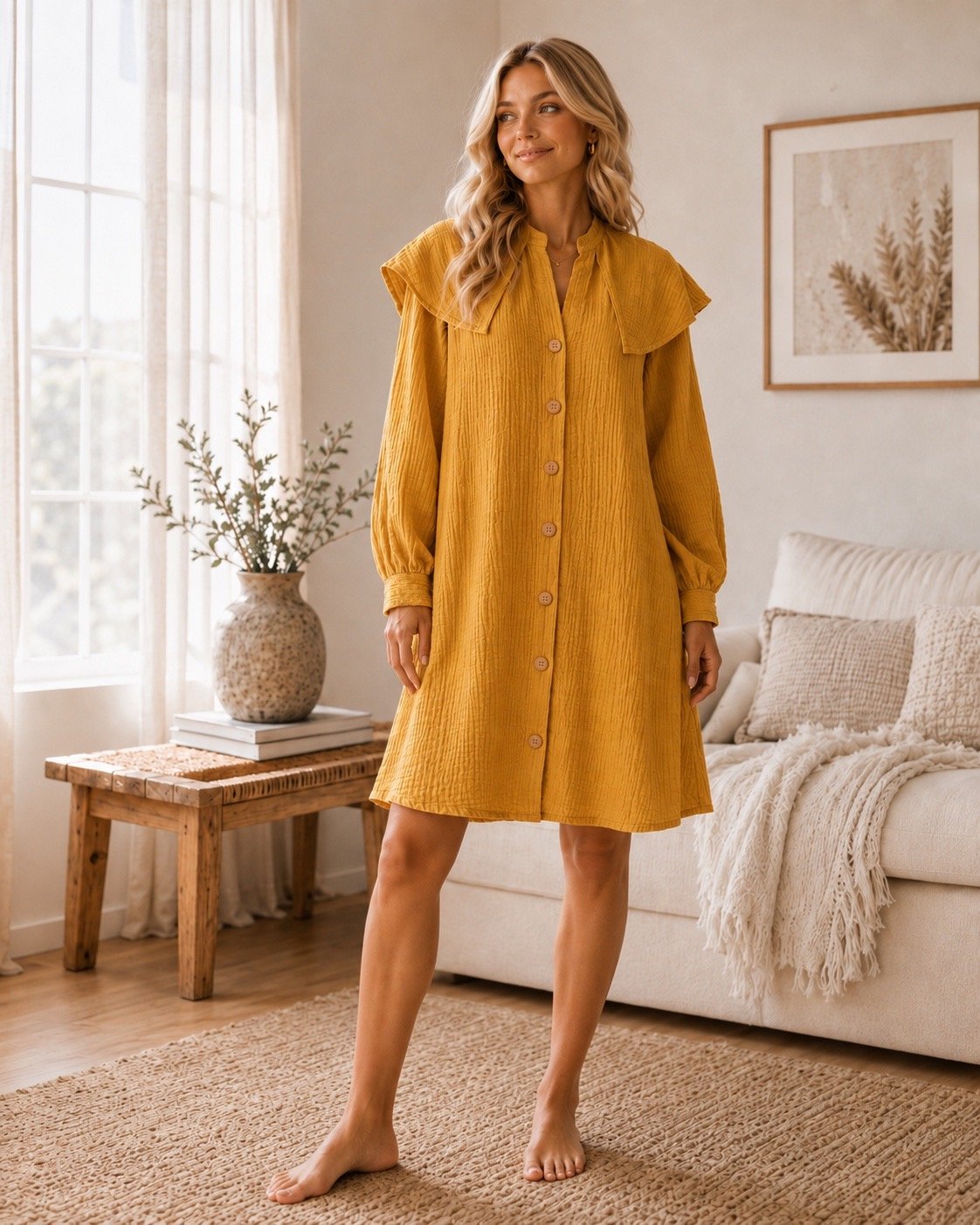Woman wearing a mustard cotton muslin shirt dress with ruffle collar, long sleeves and button front